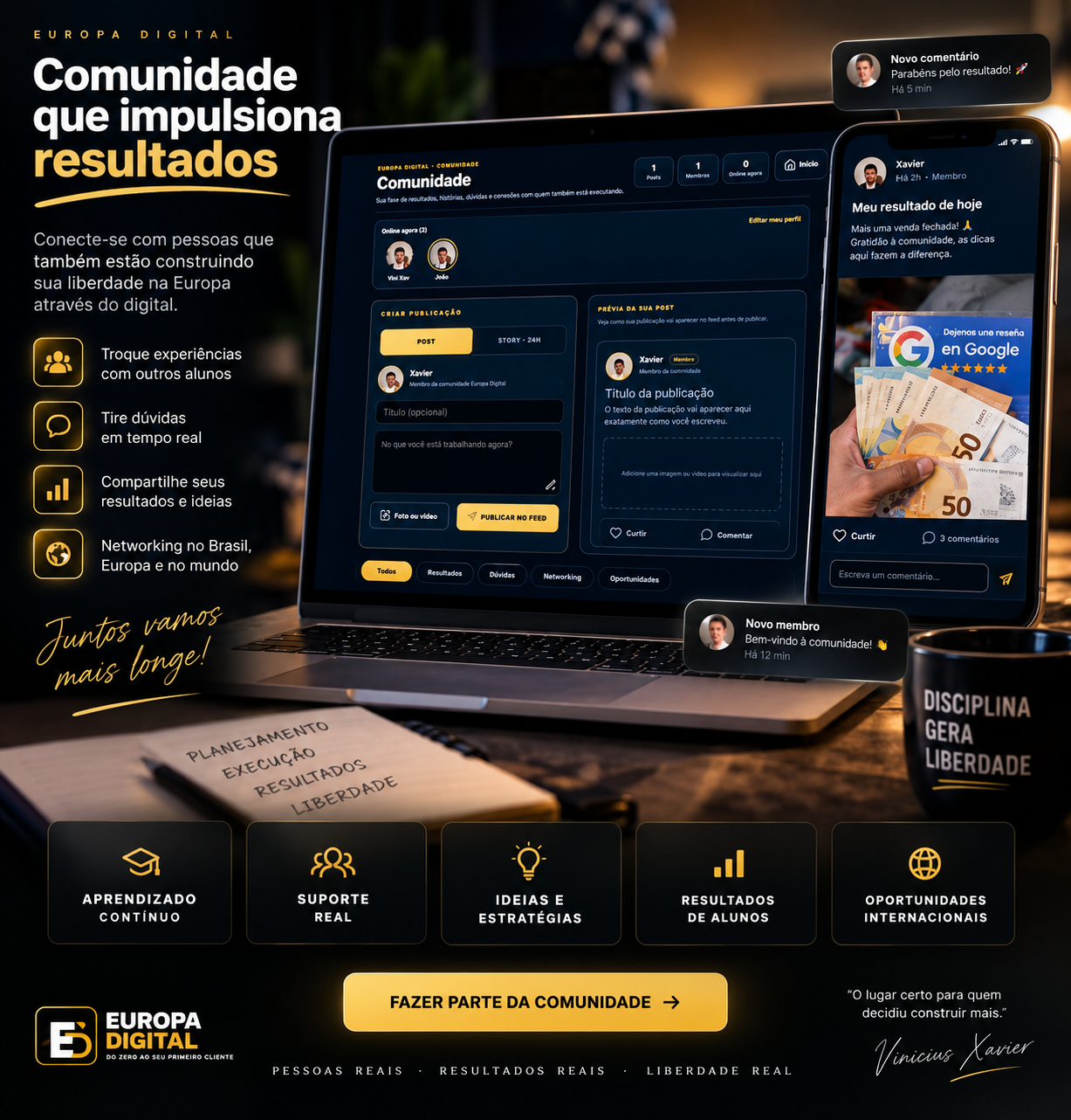 Comunidade Europa Digital com feed, stories e resultados de alunos
