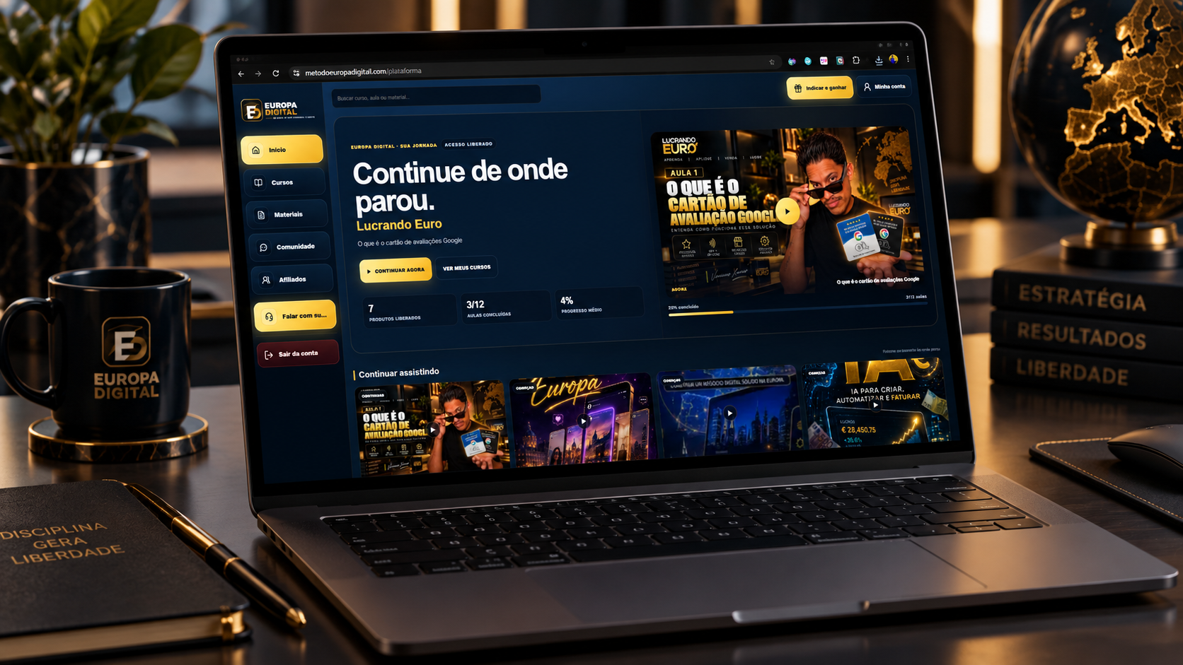 Área do aluno Europa Digital com progresso, aulas e produtos